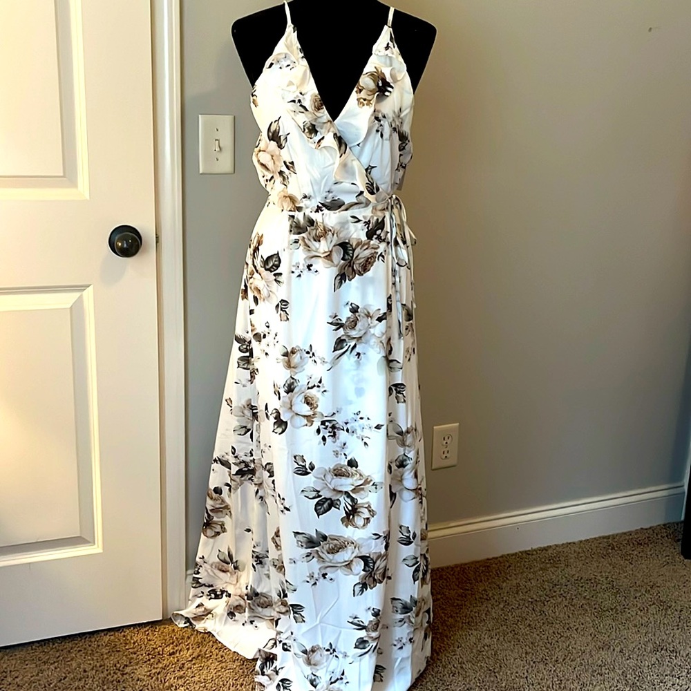 True wrap dress in a white floral fabric